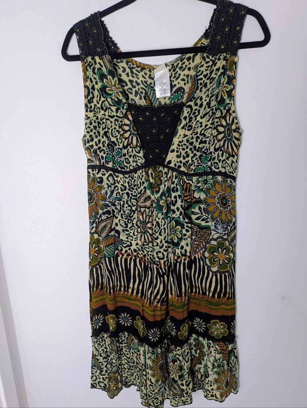 Forbidden Womens Dress Sz M Floral Animal Beaded Sleeveless 100% Rayon Boho New